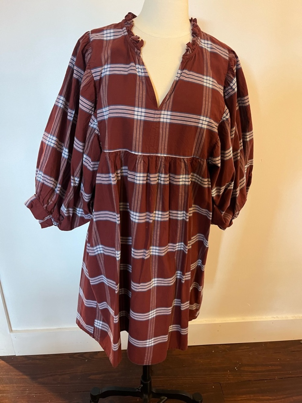 Mud Pie Rust Plaid Mini Dress with White Stripes